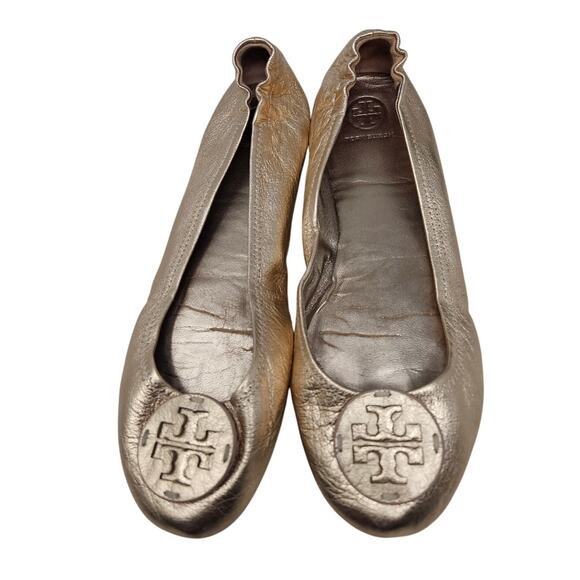 Tory Burch 9.5 Rose Gold Leather Minnie Ballet Flat Preppy Career Stretch - Picture 1 of 7